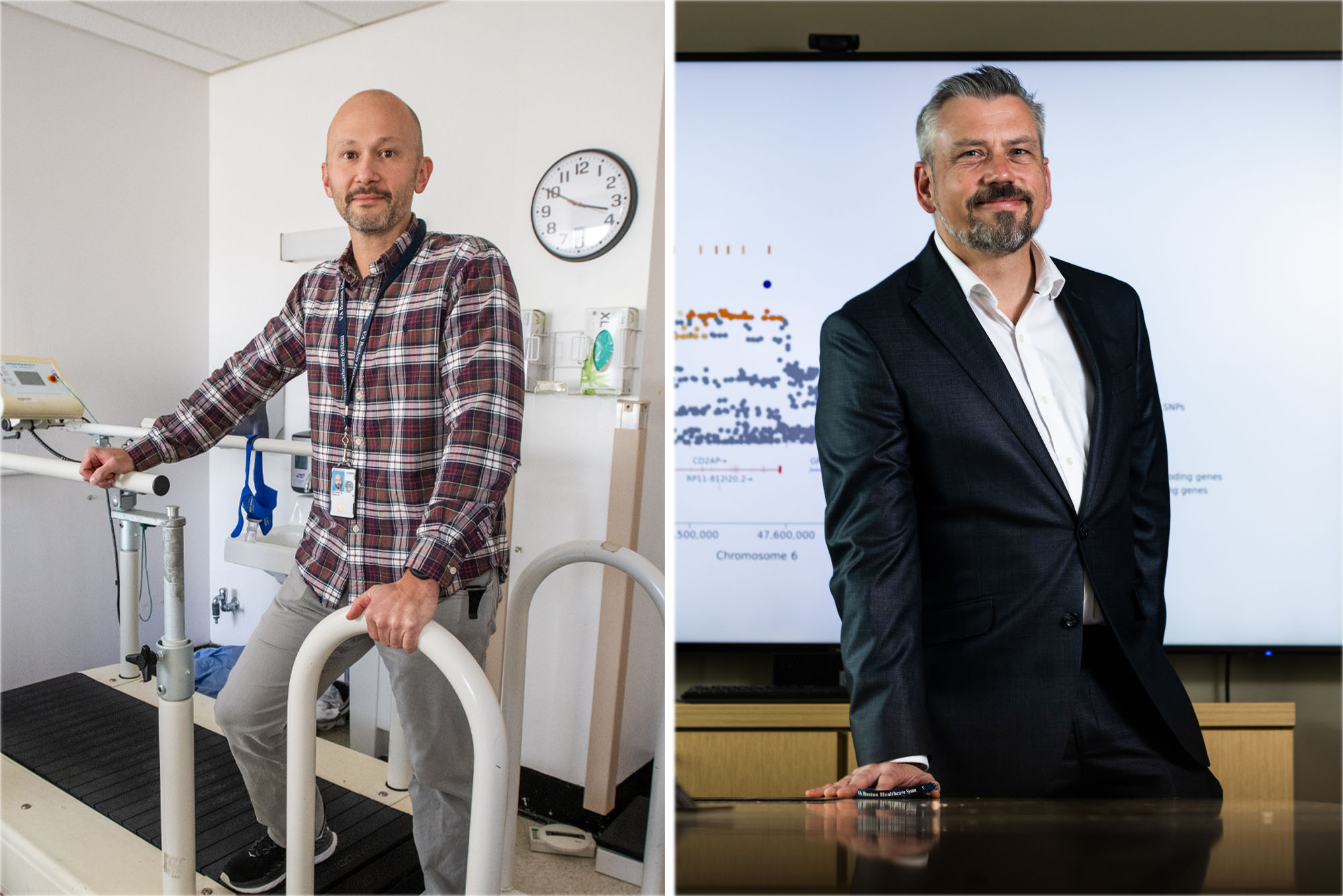 Collage: Side by side photos of James W. Whitworth (left) and Mark W. Logue (right). Whitworth, a bald white man wearing a burgundy, white, and black plaid collared shirt and grey pants poses in an activity lab, featuring a medical treadmill and various other exercise equipment. Logue, a white man with grey-black hair and beard, poses in a dark lecture hall with a lit whiteboard behind him filled with notes. He wears a white collared shirt and black blazer.