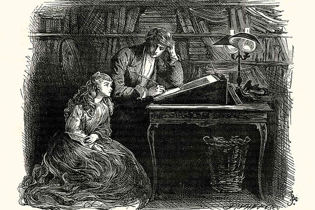 Image: Vintage engraving of a scene from the Charles Dickens novel "David Copperfield." The black sketch-style engraving shows a man writing at a desk as a woman sitting on the floor next to him looks over towards the desk. A large bookcase filled with bookcase is the backdrop.