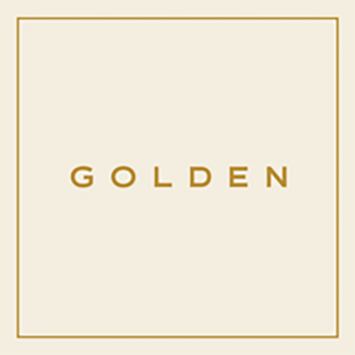 Image: Album cover of Jungkook's "Golden". Tan background features a golden border with simple golden text int he center that reads "Golden".