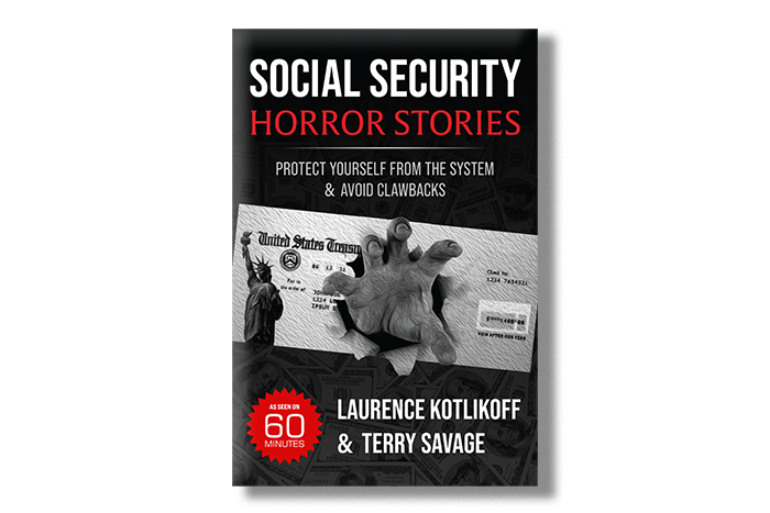 Image: Cover of Savage and Kotlikoff’s book, ".Social Security Horror Stories". Black and grey cover shows a hand reaching for the reader through a letter sent from the Social Security Office. Text on book features title, authors' names, and red spotlight sticker thats reads "seen on 60 Minutes" in the left hand corner.