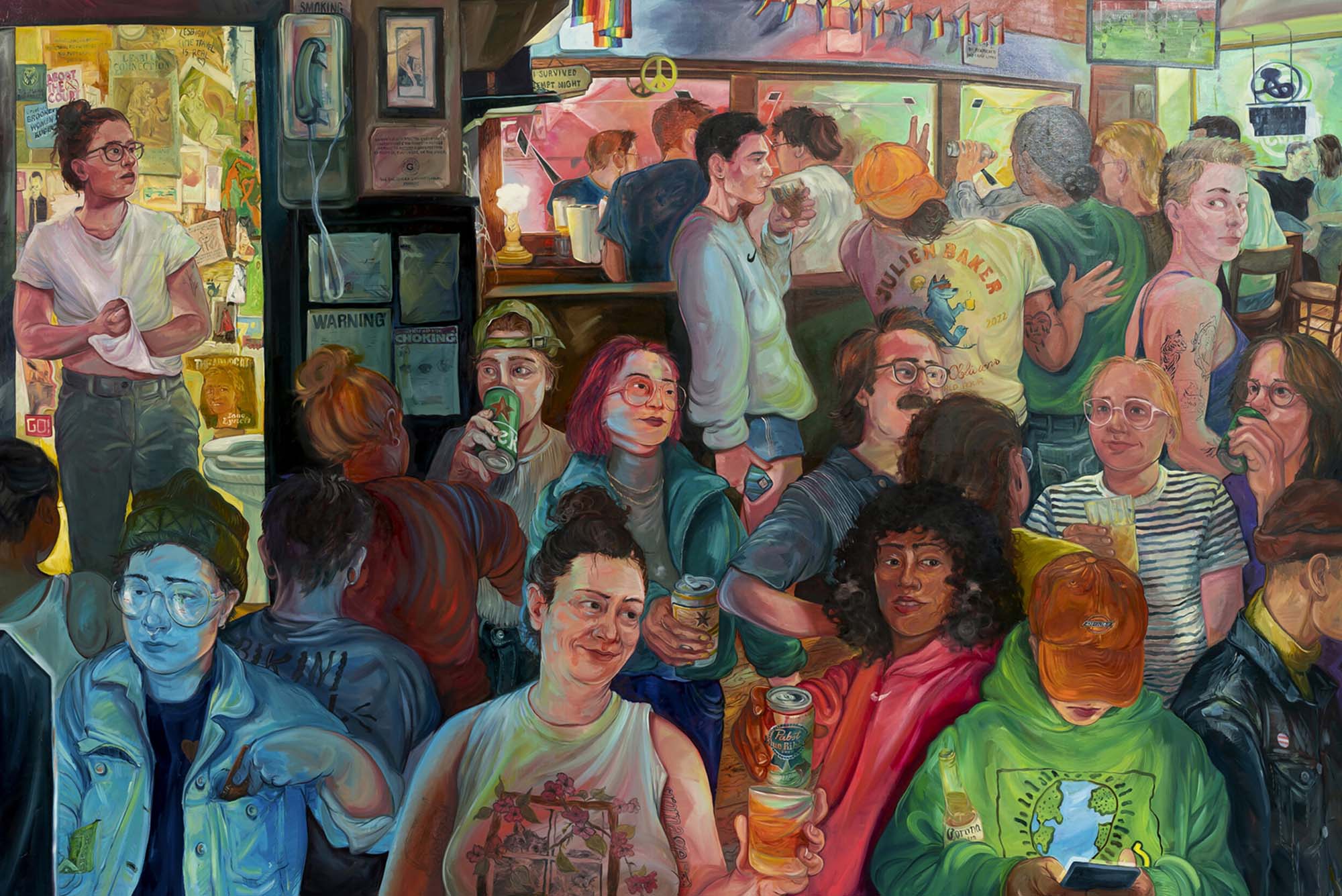 Image: Oil painting shows a colorful scene of people drinking and mingling in the interior of an LGBTQ+-friendly bar.