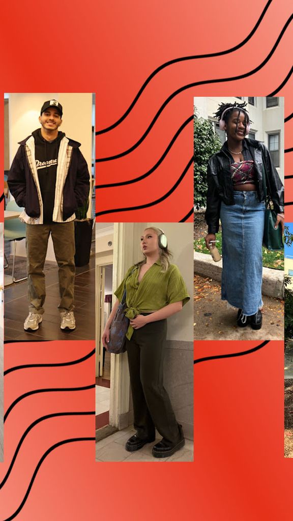 Composite image: A red gradient background with black squiggly lines highlights seven photos of BU students with fashionable outfits. The seven photos are placed in a zig-zag pattern across the image.