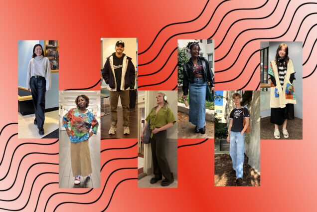 Composite image: A red gradient background with black squiggly lines highlights seven photos of BU students with fashionable outfits. The seven photos are placed in a zig-zag pattern across the image.