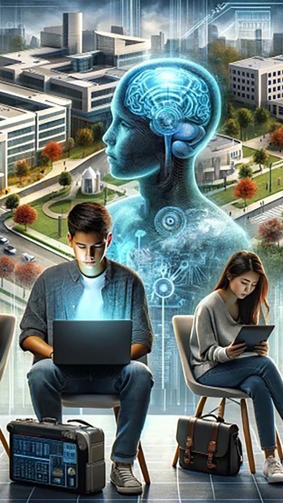Image: AI generated image shows four students sitting and working on laptops. Behind them various images of large work buildings, greenery, and AI "people" are shown giving the image a feel of "tech space".