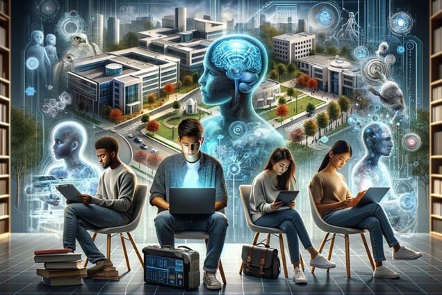Image: AI generated image shows four students sitting and working on laptops. Behind them various images of large work buildings, greenery, and AI "people" are shown giving the image a feel of "tech space".