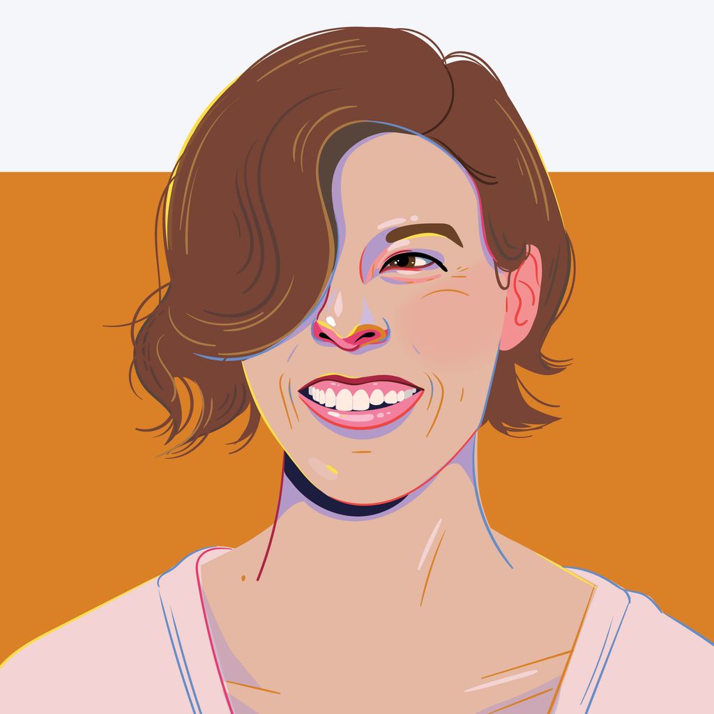 Photo: A illustration of Jillian Abby, a white woman with ear-length, short brown hair. She is smiling in the illustration and is layered on top of a orange background.