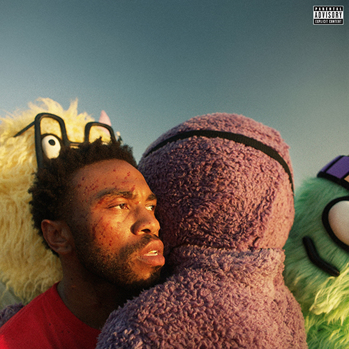 Image: Album cover of kevin abstract's "blanket". A Black man with blood splatters on his face looks toward a sunset as large furry creatures surround him.