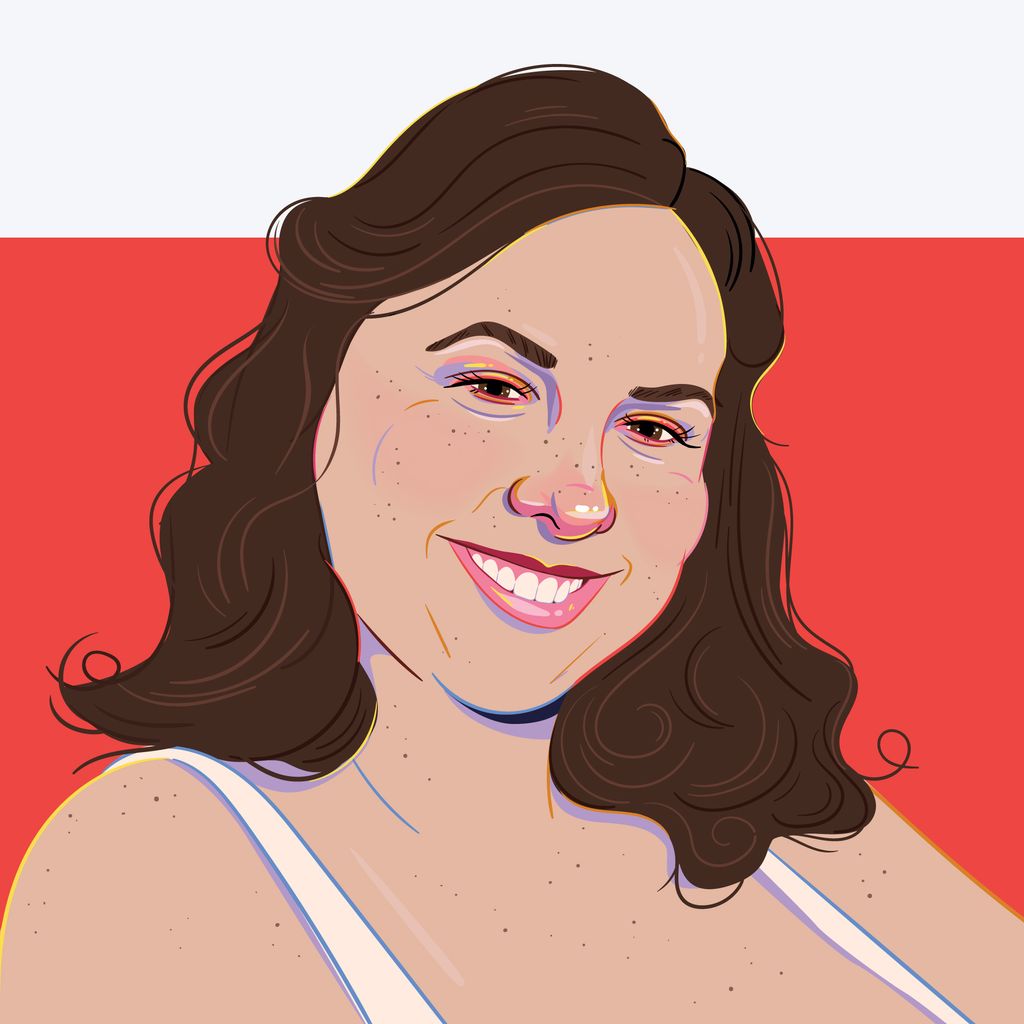Photo: A illustration of Sarah Prager, a white woman with shoulder length brown hair. The comic illustration is colorful and bright, highlighting Prager's smiling face. The background is red.