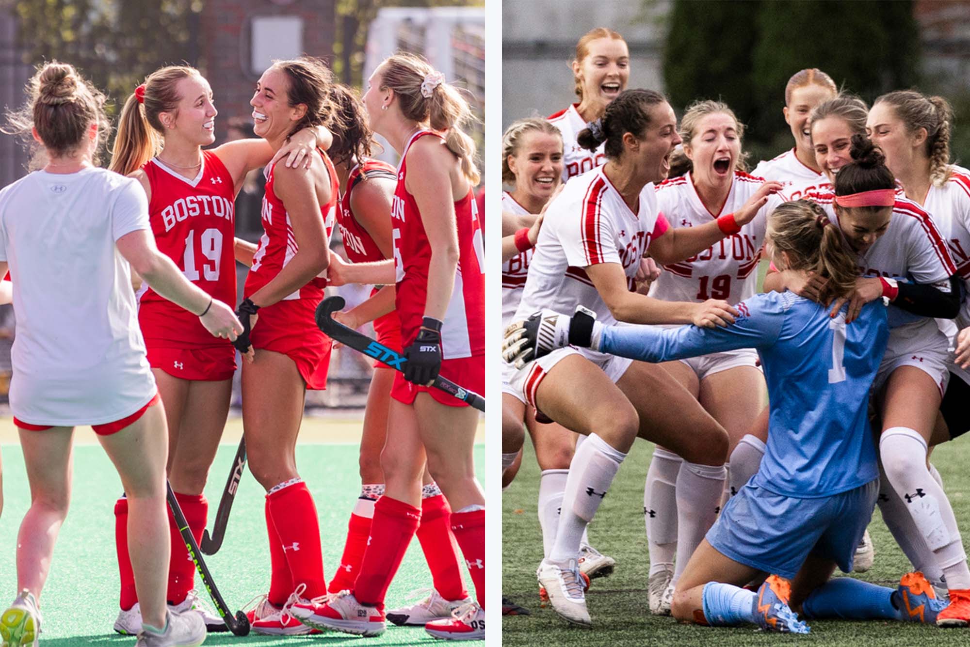 Photo: A composite image of two photos: on the right, a dog pile of the BU women's soccer team in celebration. On the left, four BU field hockey teammates embrace with smiles and celebration.