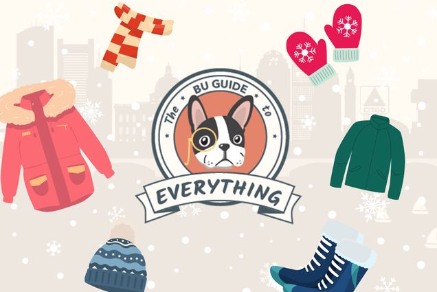 Image: Vector illustration shows a light beige background showing a Boston city Skyline. Whit snowflakes cover the background. Various illustrated icons of winter essentials such as gloves, hats, coats and boats decorate the image. In the center sits an illustrated logo features a vector Boston Terrier dog head. The Terrier wears a yellow monocle over it's left eye. The dog head sits in a scarlet circle. Border around the red circle is shown as a banner. Banner reads "The BU Guide to Everything".