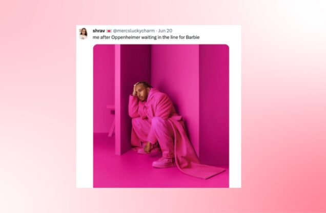 This is a meme courtesy of Twitter. The person is crouched down with an all pink outfit on. The caption is "me after Oppenheimer waiting in the line for Barbie".