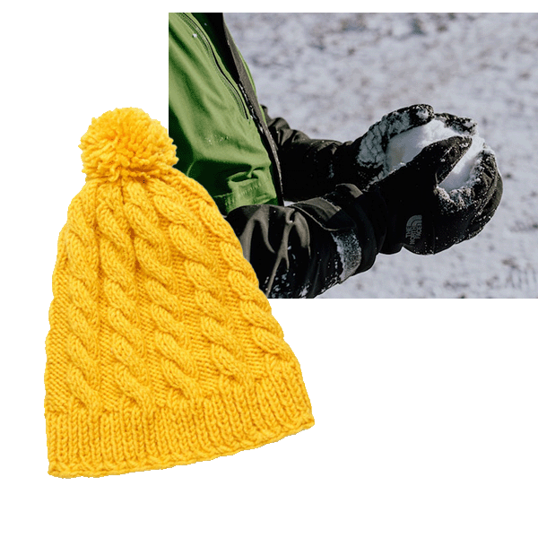 Collage: right photo shows a zoomed in shot of hands wearing North Face winter gloves forming a snowball in a snowy field. Overlaid over that photo is the cutout of a yellow winter beanie cap with a poofball on top.
