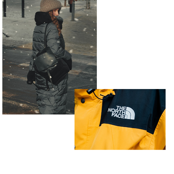 Collage: Left photo shows a young woman with a long brown braid looking over her shoulder as she crosses the street on a snowy day. She wears a long black puffer coat, black gloves, black scarf, small black leather bag, and brown beanie hat. Right photo is slightly overlaid on the left photo and shows a zoomed in shot of a yellow North Face jacket. Image is focused on the North Face logo.