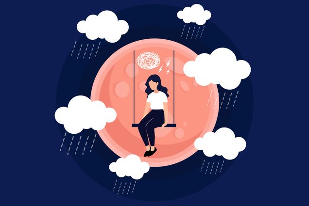 Image: Vector illustration of a depressed person sitting on swing in the darkness. A large light orange moon in the night sky frames them as they sit with a white rain cloud above their head.