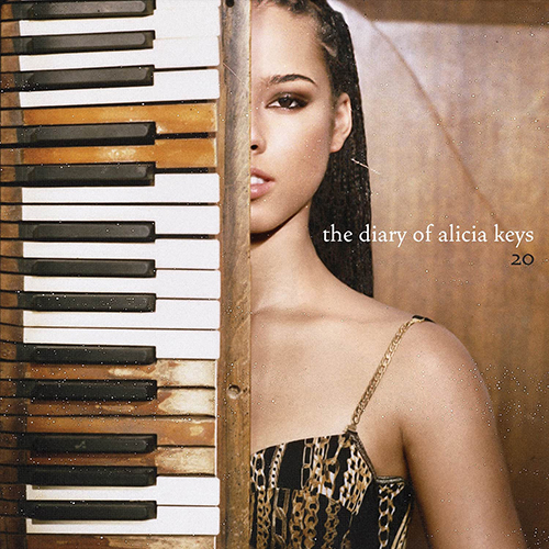 Image: Album cover shows Alicia Keys, a light-skinned Black woman with long corn row braids and wearing a black and gold dress posing with half her body and face revealed behind an old keyboard.