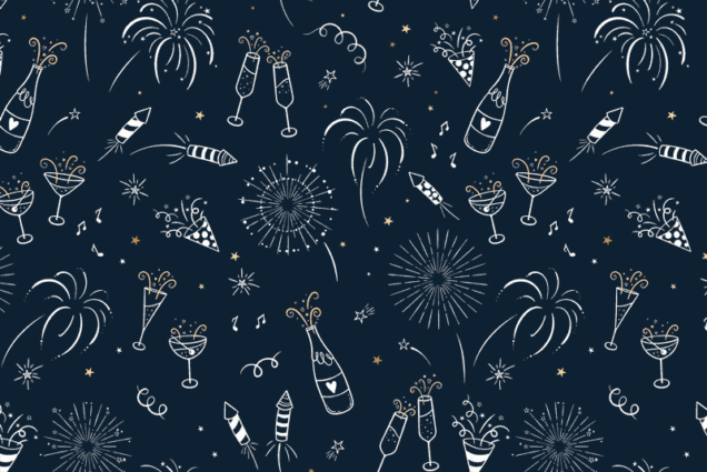 Image: A patterned GIF of New Years Eve doodles with different color overlays.