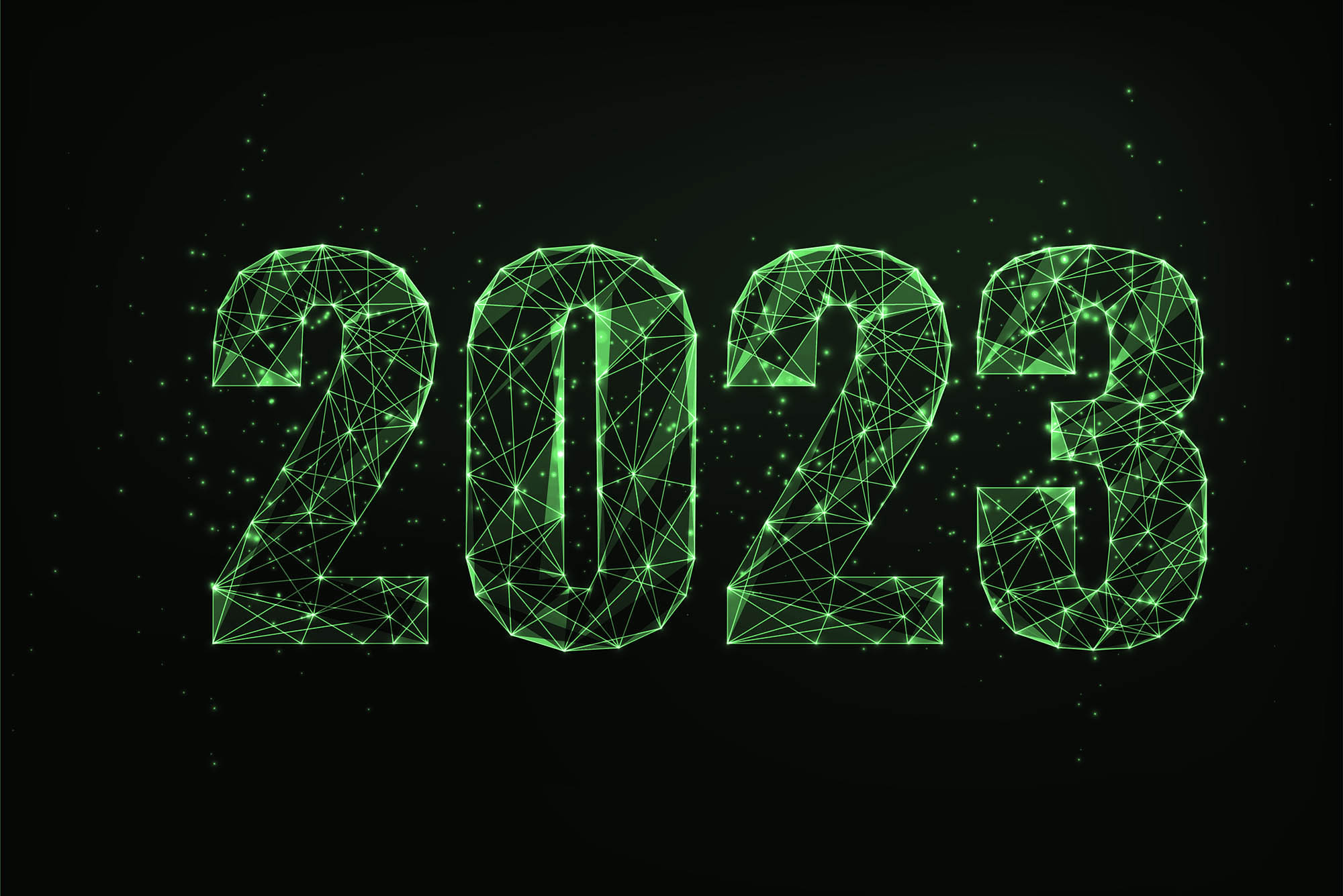 Image: A Modern wire frame mesh design vector illustration of the year "2023". Numbers are depicted with glowing neon green low polygonal digits on black background.