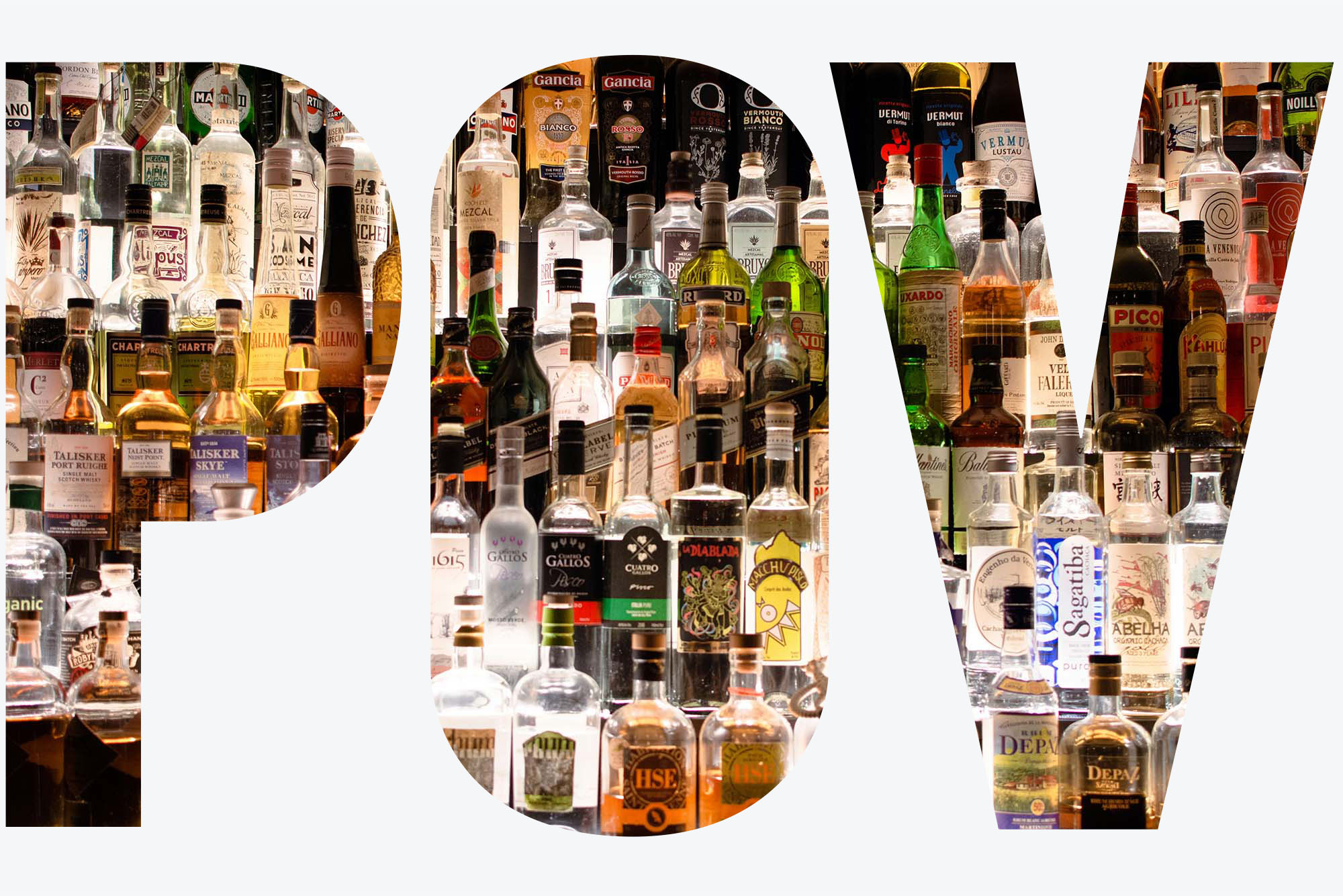 Photo: A fully stocked bar with dozens of different bottles of hard alcohol. The letters "POV" are overlayed on top of the image.
