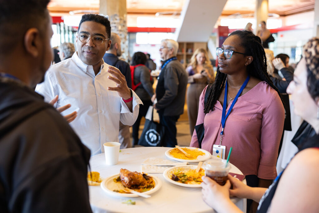 From (l-r) Arnaldo Pires, Sam Tully-Chambers, Candace Burton and Elizabeth Torres chat over lunch during the Civic Center Summit.