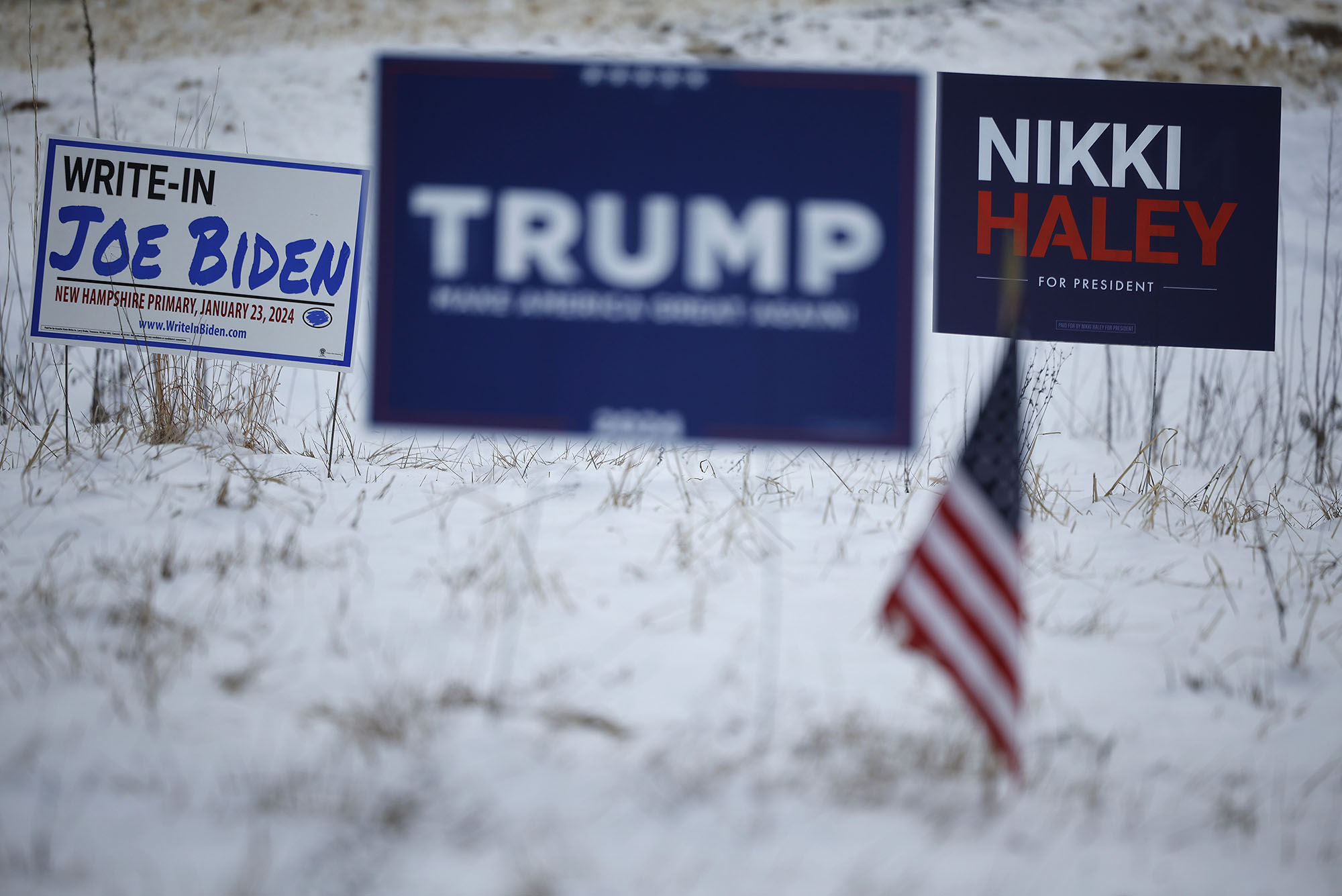 Photo: Two political lawn signs in a snowy yard, one for Trump and one for Nikki Haley, next to a sign endorsing Joe Biden for president as a write in.