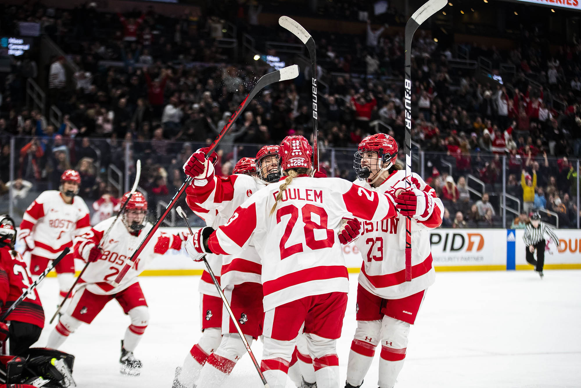 Photo: Foulem, one of BU's women's players celebrates her tie-making goal at Women's 2024 Beanpot.