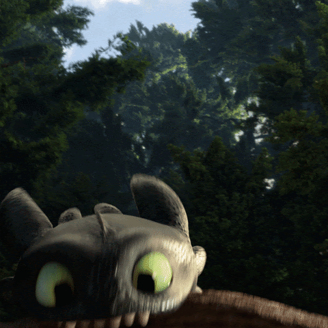 Gif from the movie “How to Train Your Dragon”. The dragon has a stick in its mouth and perks up, looking confused. 
