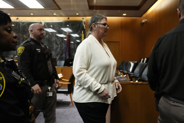 Photo: Jennifer Crumbley, a white woman with blonde hair wearing a white cardigan, whose son killed four students at his Michigan high school in 2021, was convicted on four counts of involuntary manslaughter on Tuesday, the first time in the United States that a parent has been found guilty of such a crime after their child committed a mass school shooting.