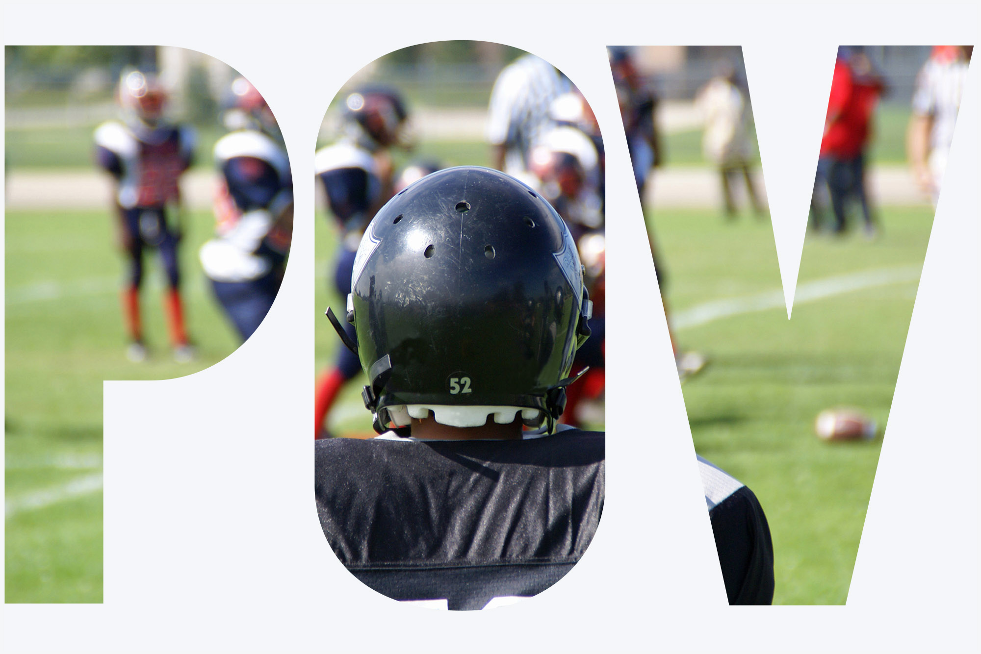 Photo: A stock photo of a kid playing American football. He is wearing a black helmet and jersey as he looks onto the field. A POV white overlay is on top of the photo.