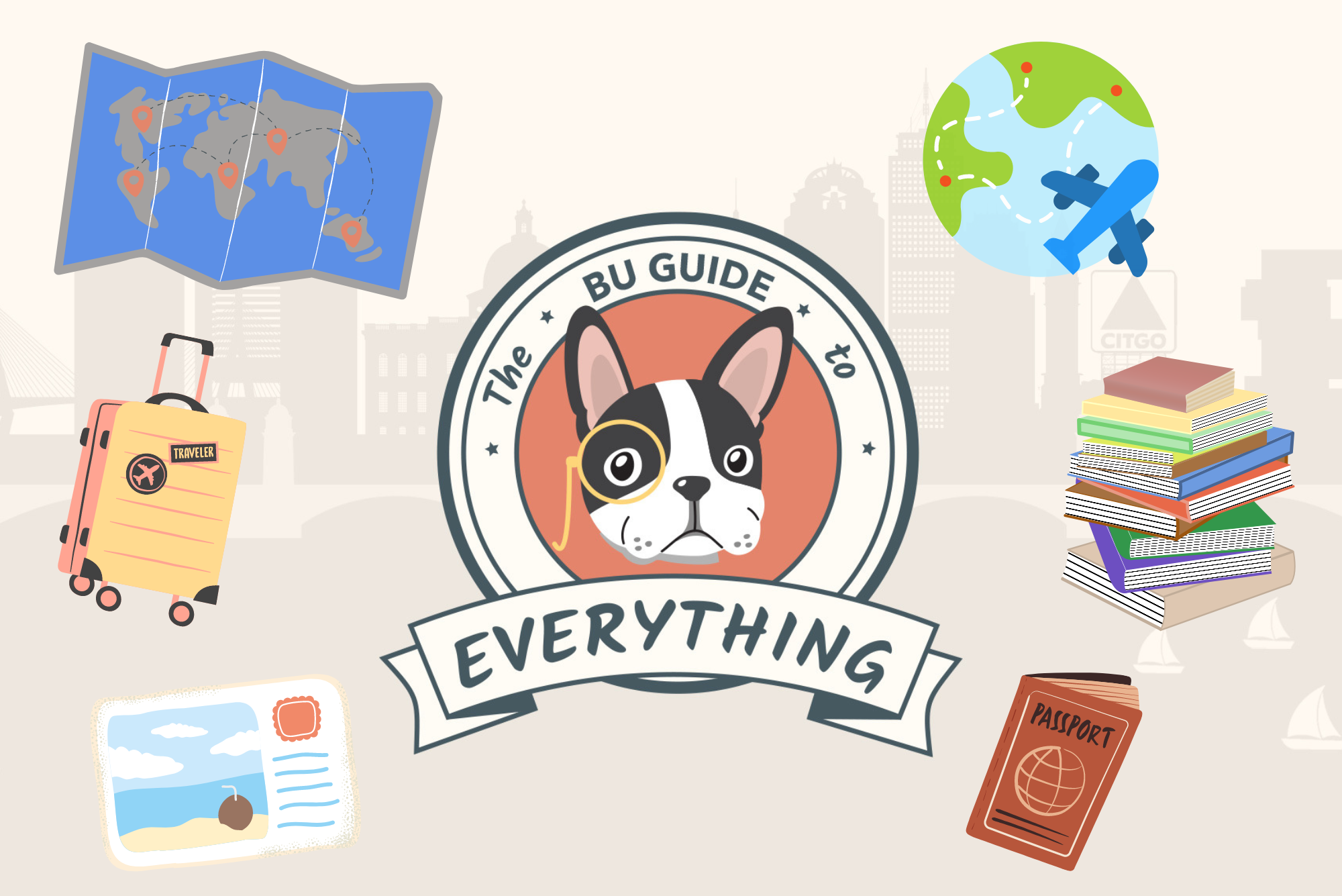 Illustration of a Boston terrier in the middle of a circle with travel accessories floating around its head, like suitcases and a passport. Text reads "Your everything guide"