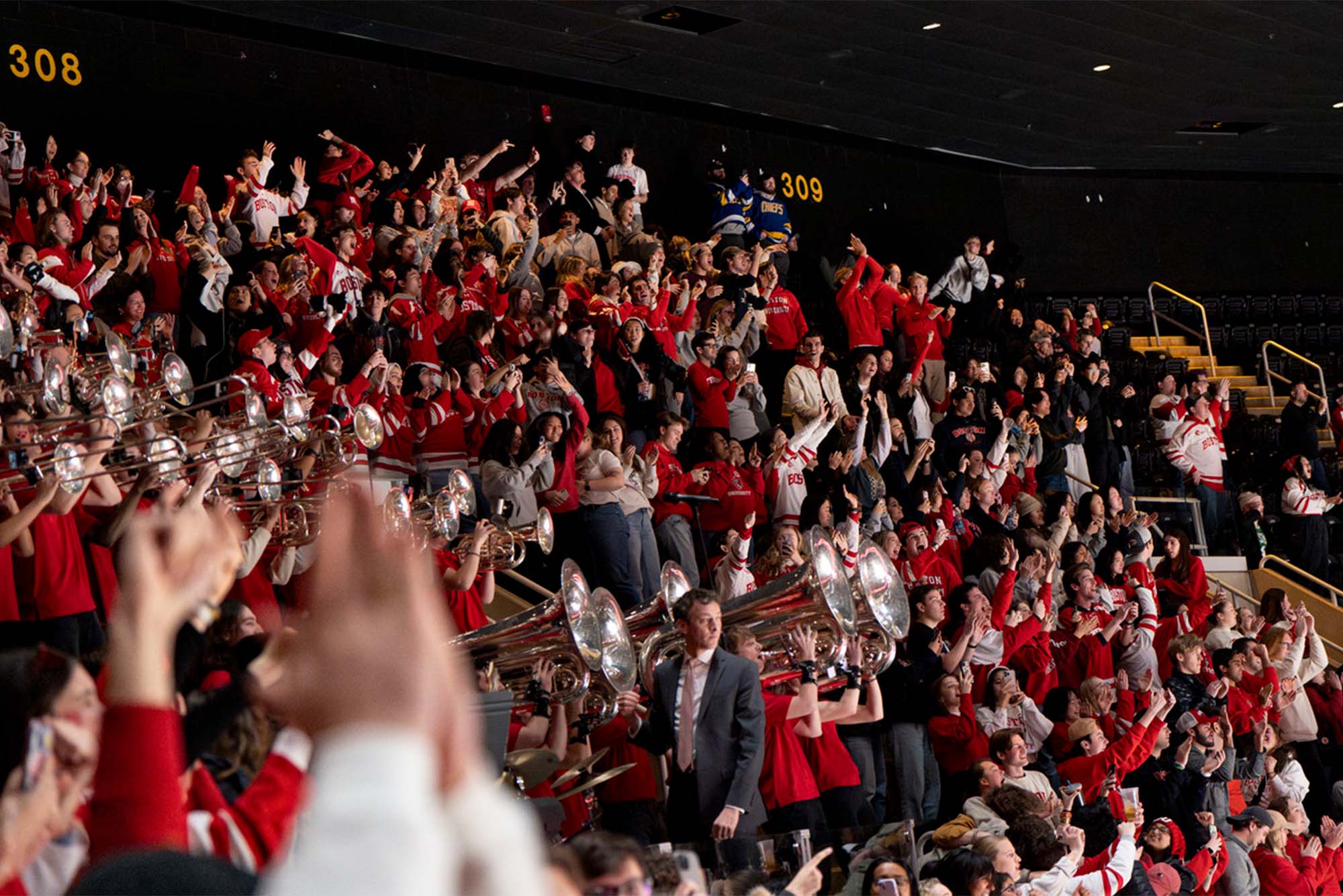 Photo: A sea of red Boston University hockey jerseys in the crowd at the Beanpot semifinal game