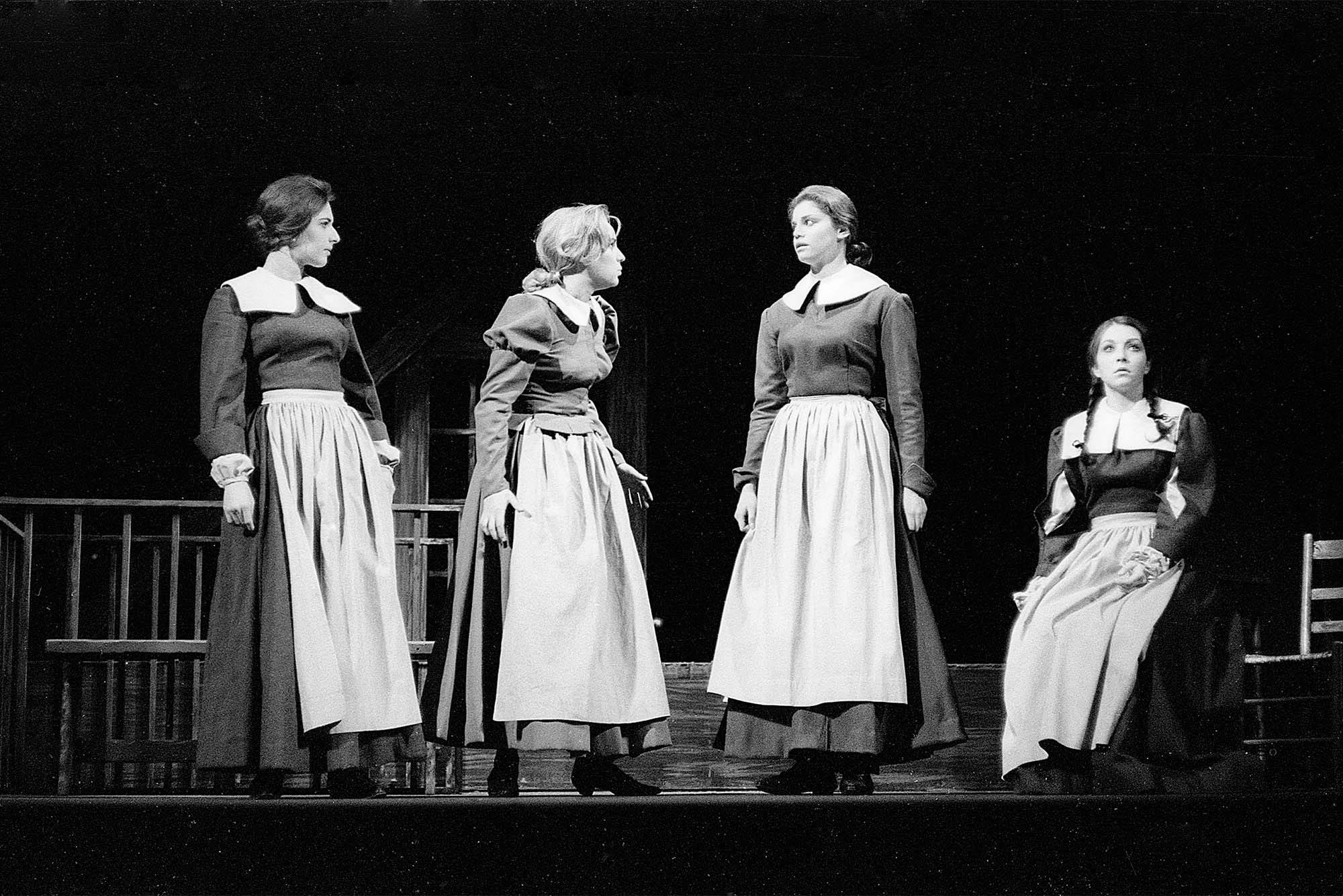 Photo: An old black and white photo of 4 college students at Boston University in a production of The Crucible in 1961