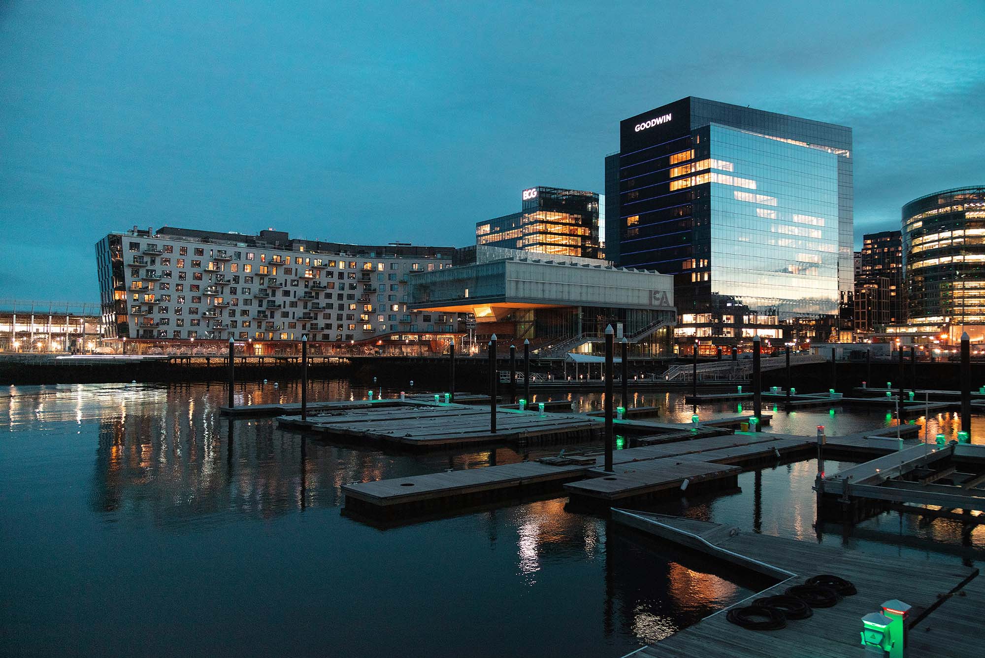 Photo: A stock image of the Institute of the Contemporary Arts in Boston. The picture is taken at dusk with the water and sky reflecting the same cool, dark blue.