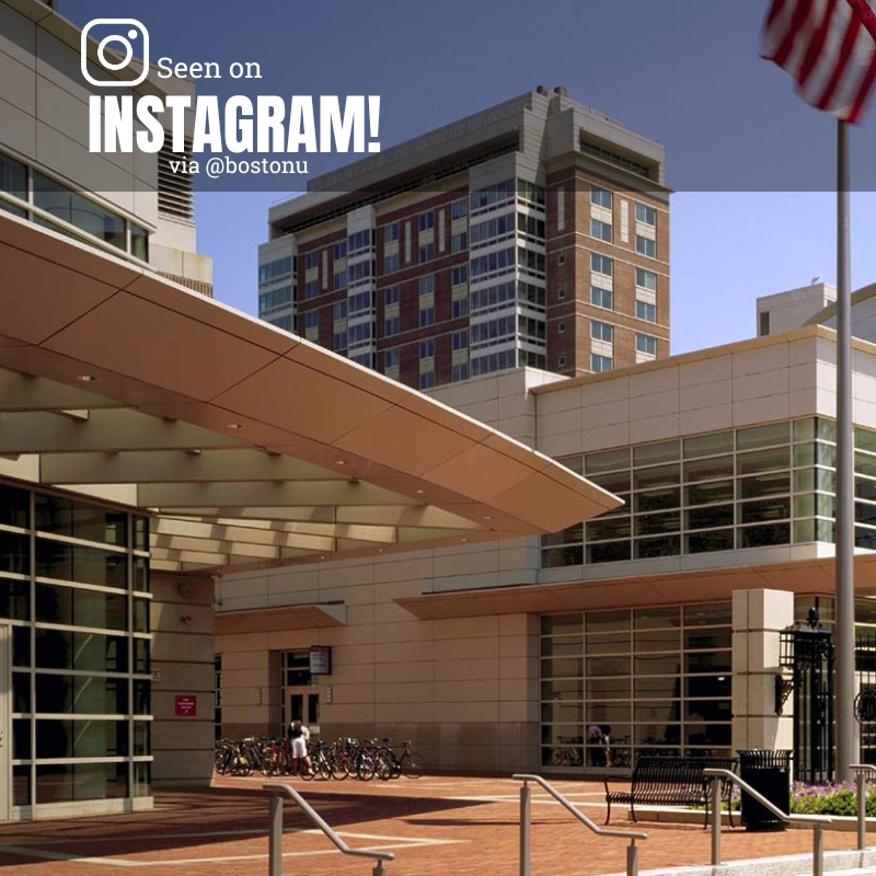 Photo: Exterior of a modern school building in urban Boston at Boston University. Text overlay reads SEEN ON INSTAGRAM! VIA @bostonu