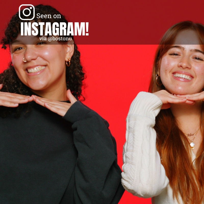 Photo: A picture of two girls in front of a red background smiling and posing for the camera. Text overlay reads: "Seen on Instagram via @BostonU"