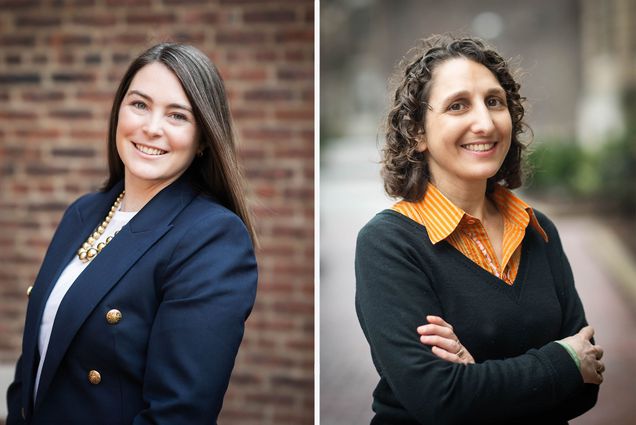 Photo: Two women stand side by side in this composite image, both are formally dressed and being recognized for an award