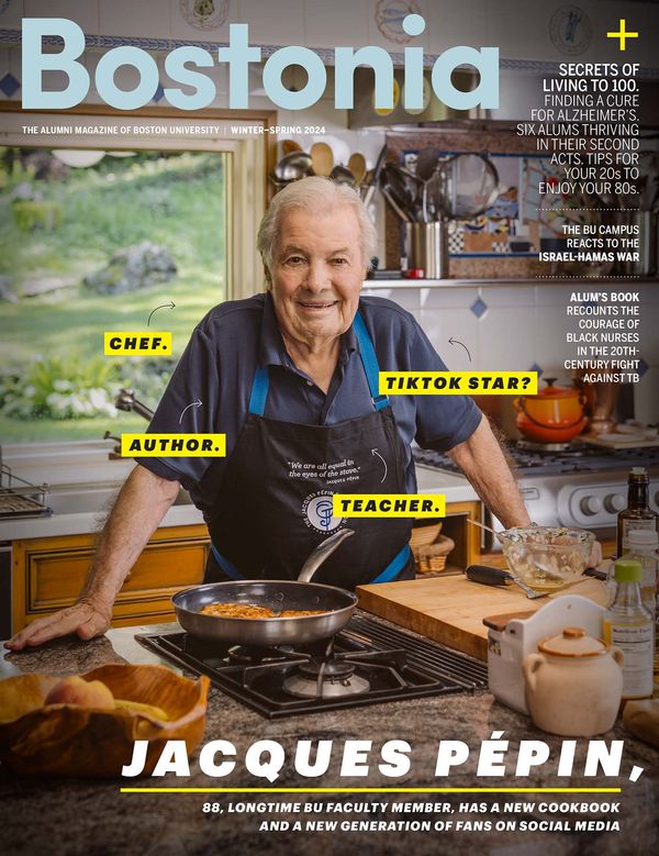 The cover for the most recent issue of Bostonia magazine, depicting an older man (Jacques Pepin) in a kitchen surrounded by pots, pans and other cooking equipment. Yellow text boxes around Pepin contain text reading "Chef. Tiktok star? Author. Teacher" Text at the bottom reads "88, Longtime BU faculty member, has a new cookbook and a new generation of fans on social media"