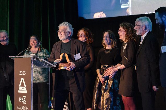 Photo: Individuals accepting the Harleston Parker People's Choice Award for the Center for Computing & Data Sciences at BU.