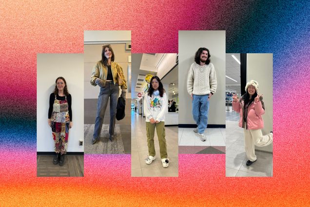 Photo: A collage of five images, each image a photo of a BU student posing to show off their outfits. The background is a multi-colored mesh of bright pinks, oranges, and blues with an added grainy overlay.