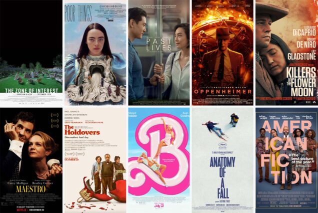 Composite image of 10 different movie posters. The movies shown are Oppenheimer; Barbie; Killers of the Flower Moon; Poor Things; The Holdovers; Past Lives; "American Fiction; Maestro; Anatomy of a Fall; The Zone of Interest.