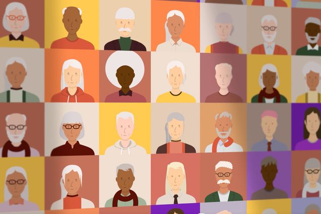 Illustration of dozens of different people's faces, slowly aging and becoming more bright/vibrant in color