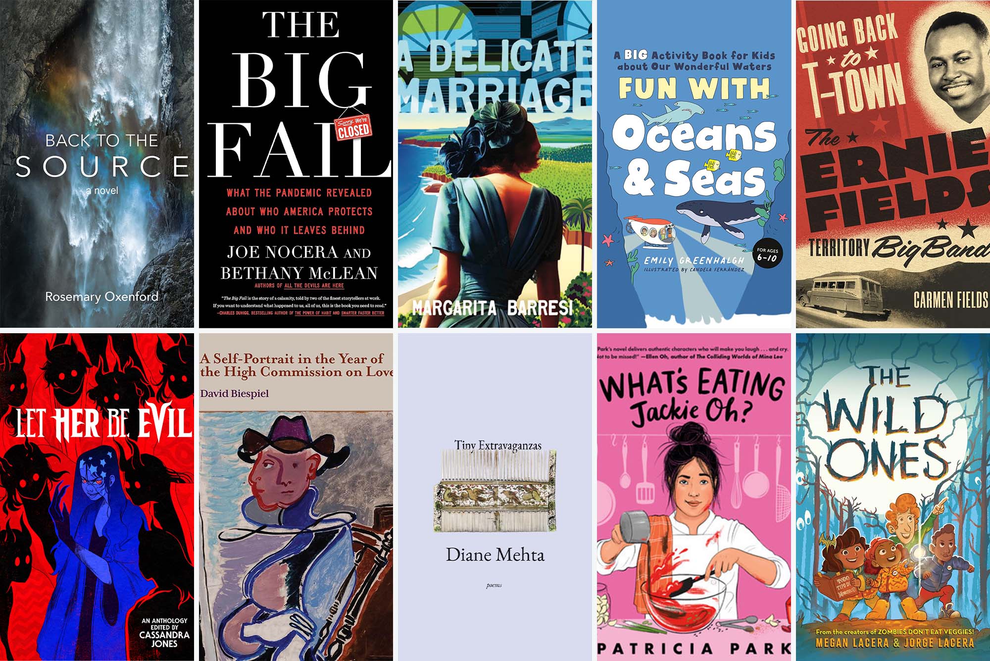 Photo: Ten book covers, all with various different images on the front in a collage image.