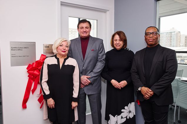 Photo: From left, BU Board of Trustees Vice Chair Cynthia Cohen (MET), Entrepreneur in Residence at MET Steven G. Akers (MET’94), Metropolitan College Dean Tanya Zlateva, and MET Dean’s Advisory Board Chair Ralph H. Groce III (CGS, Questrom, MET) gathered on Monday, March 4, to commemorate Metropolitan College’s newly named Cynthia Cohen Dean’s Office, made possible through a generous gift from Mr. Akers.