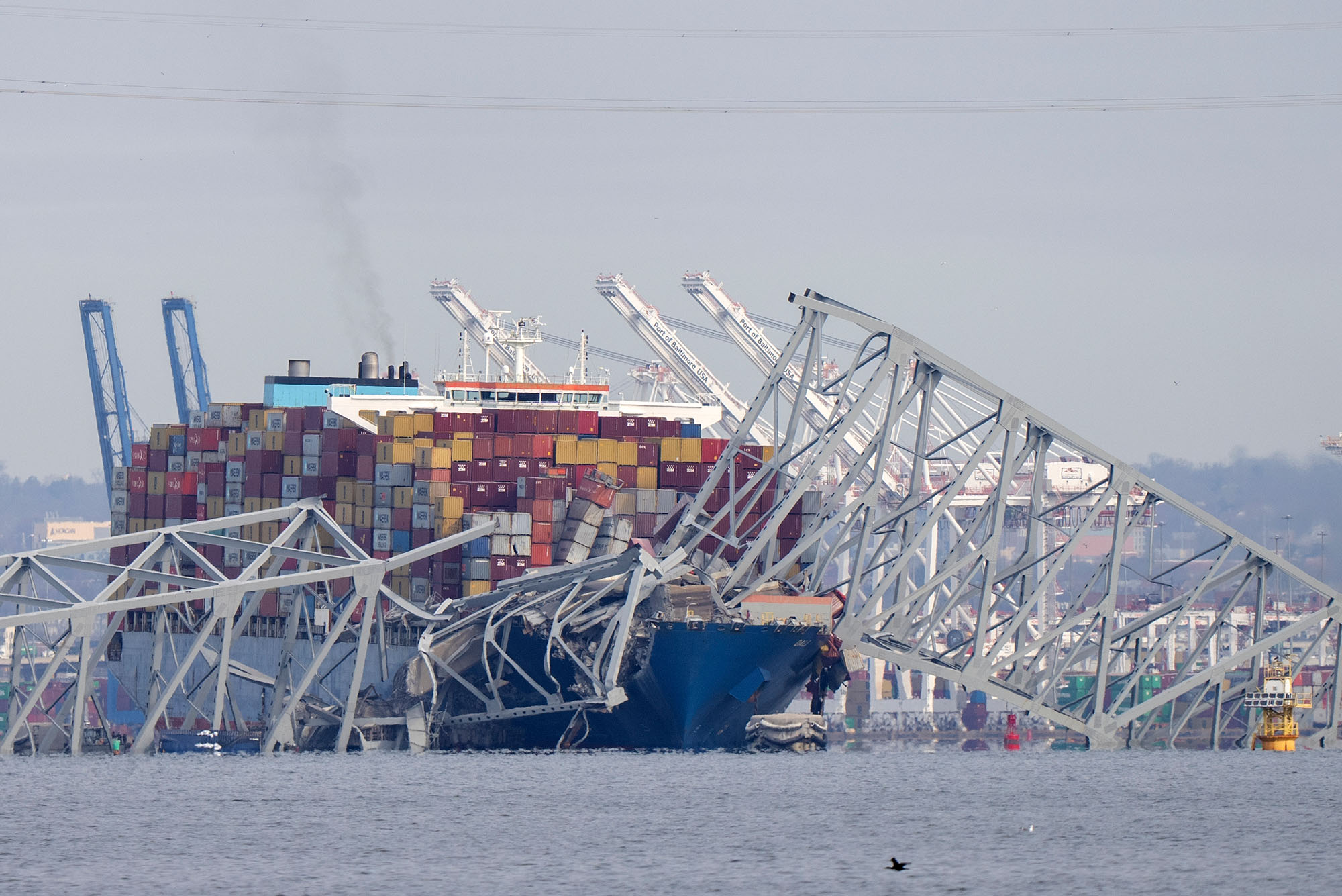 Photo: An image of a container ship hitting the Francis Scott Key Bridge