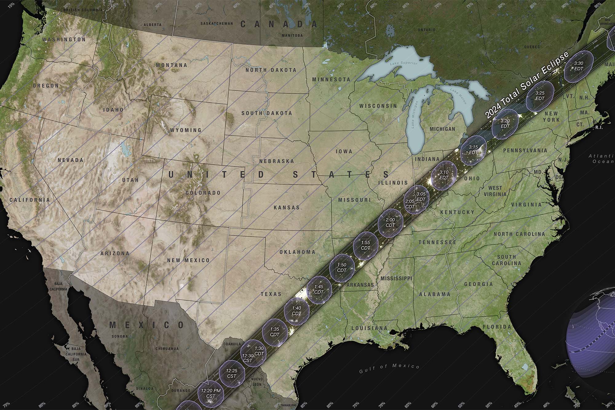 Illustration of the path of the 2024 total solar eclipse provided by NASA. Shows the United States in a mercator map projection with a thin black band running from Texas up to Northern Maine, where the eclipse can best be viewed