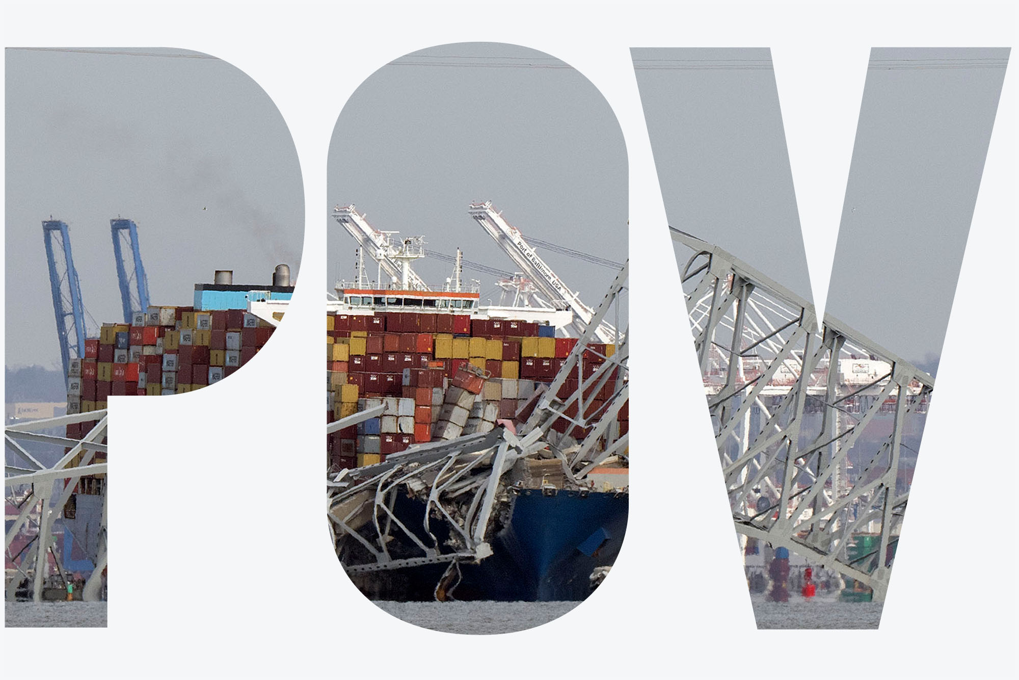 Photo: A helicopter flies over a container ship as it rests against wreckage of the Francis Scott Key Bridge after the container ship ran into the bridge, causing the collapse. A POV overlay rest on top of the image.