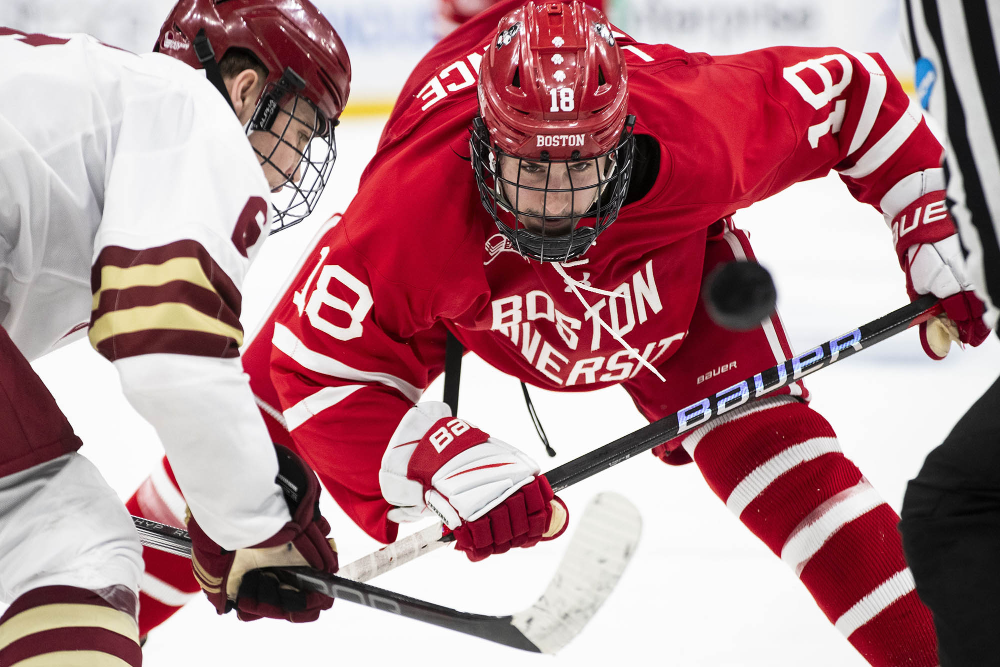 Photo: Terriers forward Shane LaChance (CAS’27) watches the puck off the faceoff.