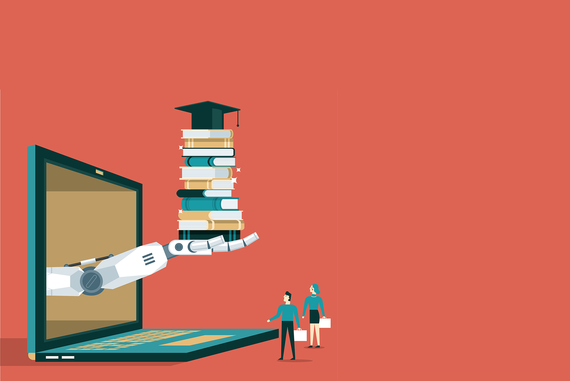 Photo: An illustration of a robot arm reaching out of a laptop holding a stack of books and a graduation cap. Two people stand next to the laptop looking at the arm