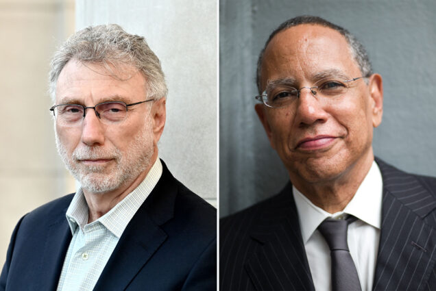 Photo: A collage image of Martin Baron, a white man with glasses and gray hair, and Dean Baquet, a Black man with glasses and gray hair. They both wear suits for their portrait photos.