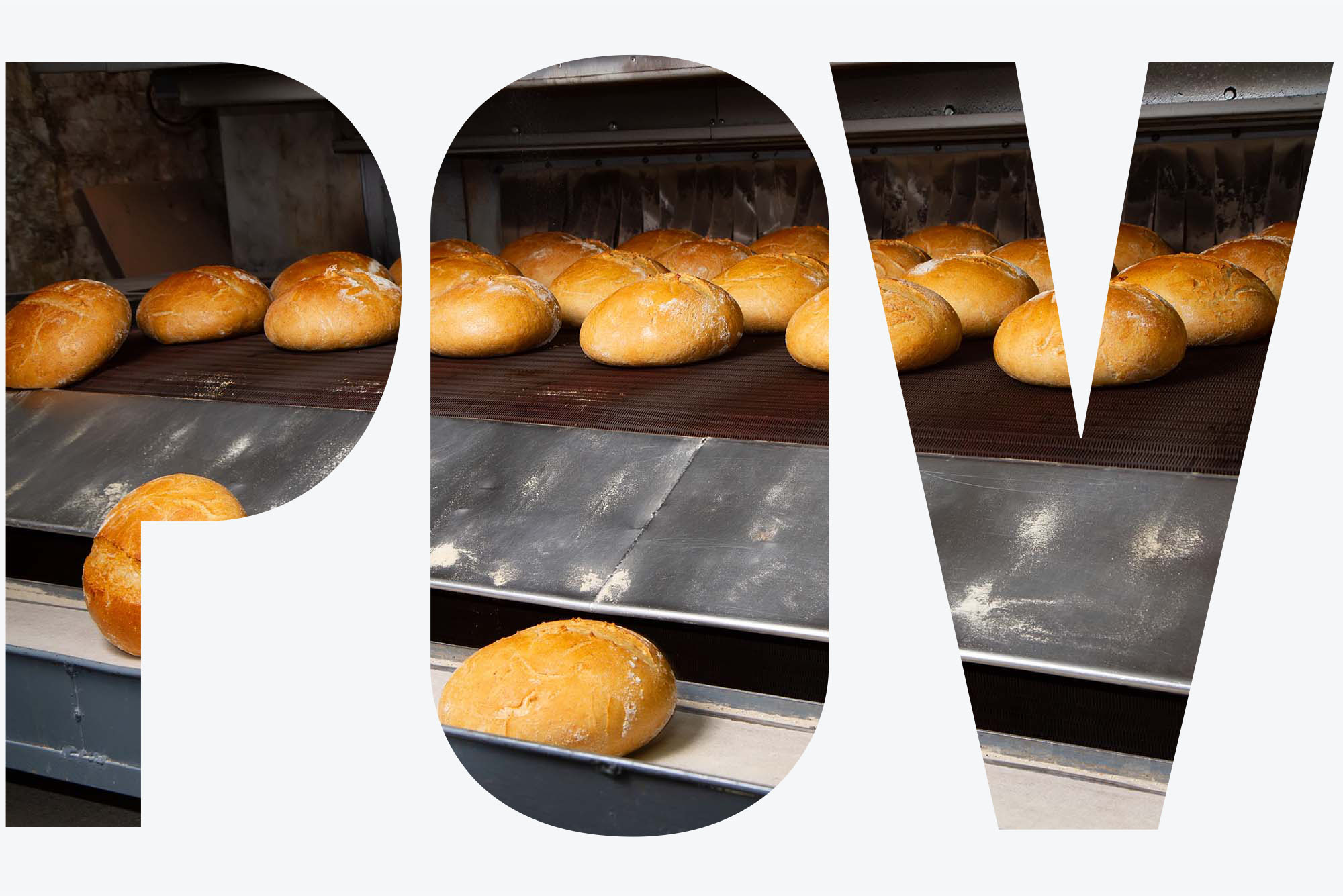 Photo: A picture of buns in an industrial-style oven. The overlay has the letters "POV"