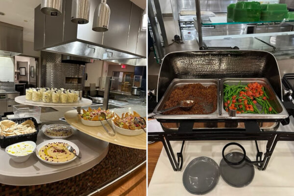 Photo: A composite image of dinning at BU. A dessert tray option on the left and a heated try option, with meat and vegetables, on the right.